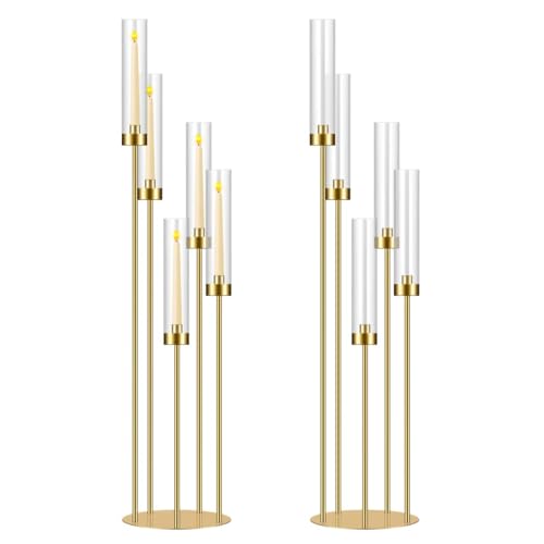 42.5in Gold Candle Holders for Table Centerpiece Candelabra Candlestick Holders Decor Wedding Centerpiece Table Decorations 5 arm Candle Holder Set of 2 Acrylic lampshade Fit 0.9" LED Candle - color: Gold, size: 42.5 in