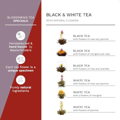 Creano Blooming Tea Gift Set with Glass Pot 17oz/500ml with 6 Flowering-Tea each 3pcs White & Black Tea