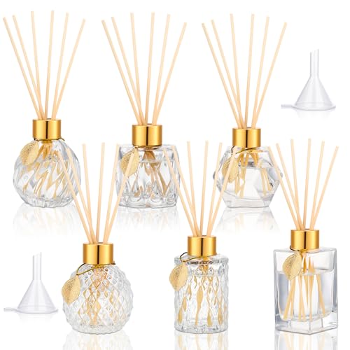 6 Pcs Reed Diffuser Gift Set Empty Reed Diffuser Bottle and 30 Pcs Sticks with Metallic Leaves Decoration Funnels 3.4 oz Fragrance Glass Prismatic Bottles for Essential Oil DIY Home Office, 6 Styles