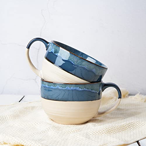 Ceramic Jumbo Coffee Mug Set of 2, 23 Oz, Large Mug Soup Bowls with Handles, Dishwasher and Microwave Safe (Prussian Blue) - color: Prussian Blue
