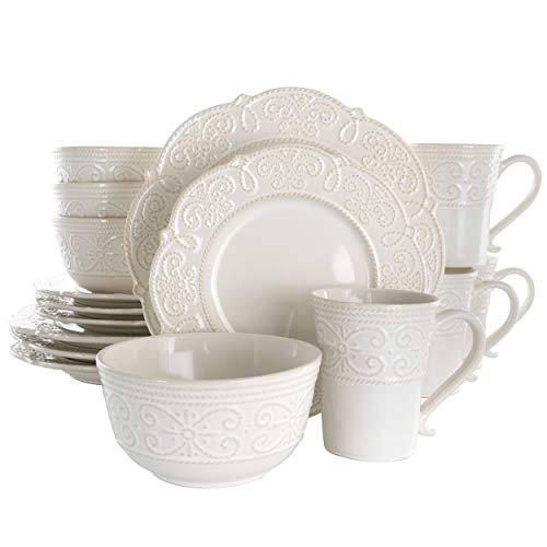 Elama Round Decorated Stoneware Scallop Embossed Dinnerware Dish Set, 16 Piece, Luna - color: Luna
