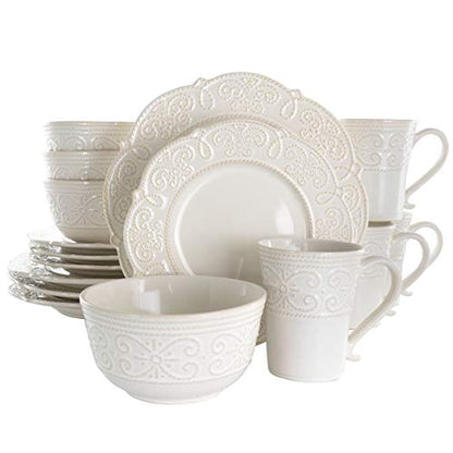 Elama Round Decorated Stoneware Scallop Embossed Dinnerware Dish Set, 16 Piece, Luna - color: Luna