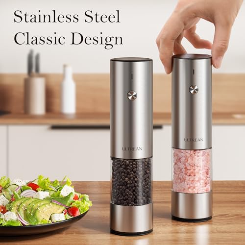 Ultrean Salt and Pepper Grinder Set, Rechargeable Salt and Pepper Shakers, 6 Adjustable Coarseness, LED Light, Kitchen Gadget Cooking Gifts Valentines Day Gifts for Him Her Mom Dad, Stainless Steel - color: Classic Silver