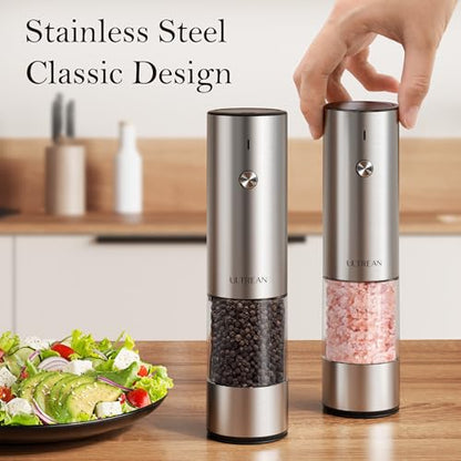 Ultrean Salt and Pepper Grinder Set, Rechargeable Salt and Pepper Shakers, 6 Adjustable Coarseness, LED Light, Kitchen Gadget Cooking Gifts Valentines Day Gifts for Him Her Mom Dad, Stainless Steel - color: Classic Silver