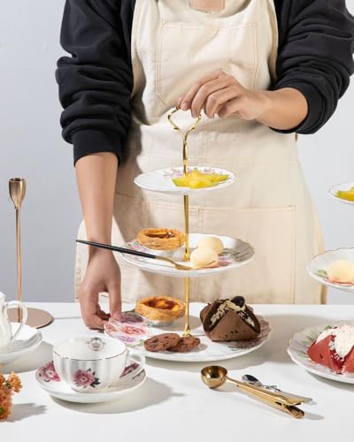 Sweejar 3 Tier Ceramic Cake Stand Wedding, Dessert Cupcake Stand for Tea Party Serving Platter (Fresh Flower) - color: Fresh Flower