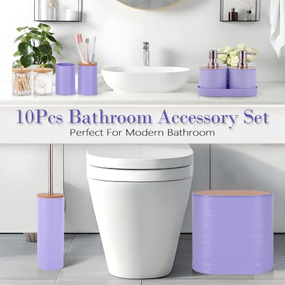 10 PCS Purple Bathroom Accessories Set with Trash Can Bathroom Accessory | All-in-One Kit with Trash Can,Toothbrush Holder,Soap Dispenser,Toothbrush Cup,Vanity Tray,Soap Dish,Toilet Brush etc for Home - color: Purple