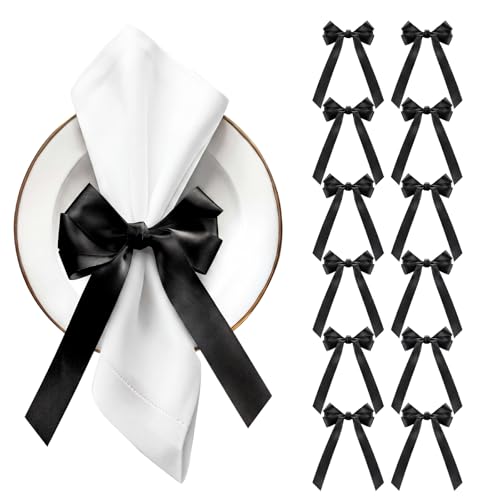 Bow Napkin Rings Set of 12 Black Ribbon Candlestick Decor | Ribbon Charm for Wine Glasses Candle Holders Gift Wrap, Wedding Bridal Shower Party Table Decor, Bulk Ties Coquette Aesthetic - color: Black