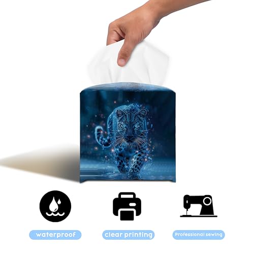 Fantasy Snow Leopard Galaxy PU Leather Tissue Box Cover 5.2 Inch | Galaxy snow leopard design; 5.2 in PU leather hand-stitched tissue cover for bathroom, bedroom, car, office. - color: Blue Leopard