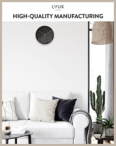 Modern Silent Quartz Wall Clock, 10in, Black & Gold | Chic & Minimalist, Non-ticking, Analog, Arabic numerals, Easy-to-read, Battery operated, for Living Room, Mantel, Foyer - color: Black & Gold, 10"