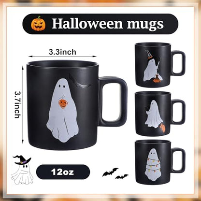 Halloween Mugs Mixed Set of 4, Scary Squad Stoneware Mugs 12 oz Ceramic Ghost Coffee Cup Black Drinking Cup Ghost Designs for Coffee, Tea, Halloween Decor Gifts, 3.3 x 3.7 Inch