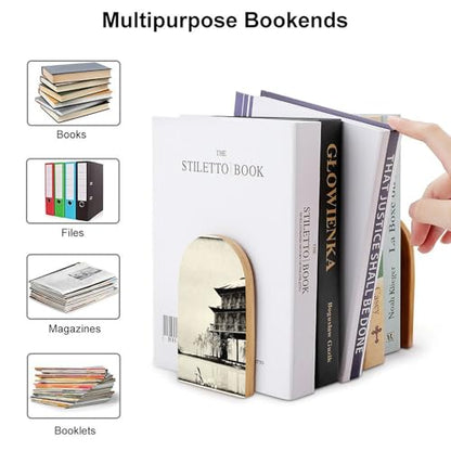 Heavy Duty Non-Slip Beech Wood Bookends, 1 Pair Adjustable Book Ends with Metal Base, Sturdy Book Organizer for Shelves, Home Office Library Tree and Mountain in Fog - color: Tree and Mountain in Fog