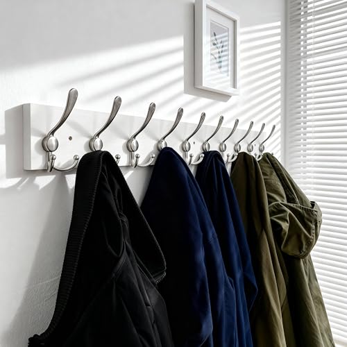 SKOLOO Creations White Solid Wood Wall Mounted Coat Rack, 10 Hooks, 38-1/8" Long - Kitchen, Mudroom, Entryway, Bathroom - Includes Mounting Hardware, Wall Coat Hanger, Towel Rack - color: Matte White Plates & Nickel Hook, size: 1 Item-10 Hooks