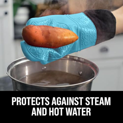 BPA-Free Soft Silicone Oven Mitts - Ultra Heat Resistant Oven Mitts with Thick Cotton Liner - Extra Long Slip Resistant Pot Holders, Flexible Oven Gloves - Aqua/Black 14.7" - color: Aqua, size: 2-Piece 14.7" Oven Mitts