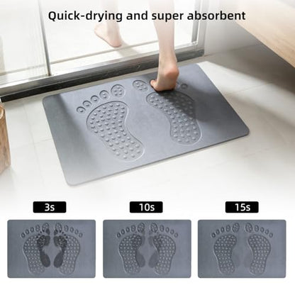 Stone Bath Mat - Diatomite Quick Non Slip Absorbent Shower Mat 23.6"×15.4" | Super Absorbent Diatomaceous Earth Mat for Bathroom, Non-Slip, Quick-Drying, Easy to Clean, Foot Massage Bumps, Gray