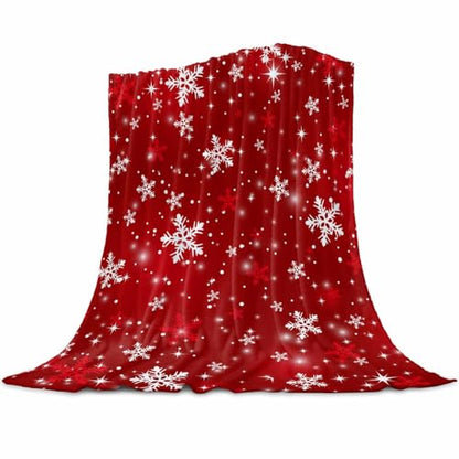 Christmas Throw Blanket, Red White Snowflakes Super Soft Warm Flannel Blankets for Bed Couch Sofa Winter Shiny Stars Xmas Snow Red Lightweight Fluffy Plush Bed Throws 50x60 Inch - color: Red, size: 50''x60''