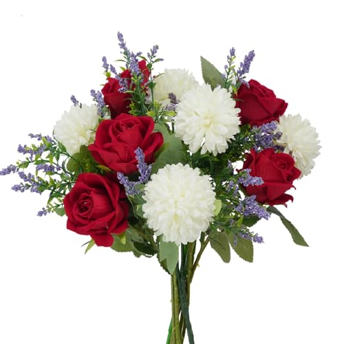 Cemetery Flowers Artificial Bouquet Red Rose Chrysanthemum 12in | Realistic Silk Flower Mix with Lavender Accents, Ideal for Home Mother's Day Cemetery Grave Memorial Day Wedding Decor - color: Red Rose