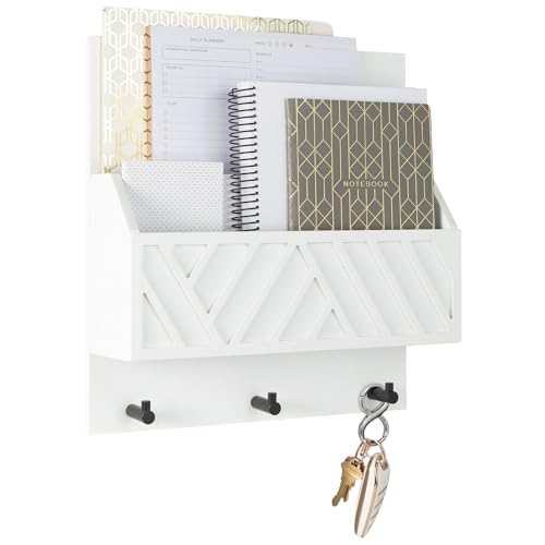 BLU MONACO | Wall Mount Key Holder with Mail Organizer | Wooden Command Center with 3 Hooks and 2-Tier Letter Pockets | Entryway Mail Sorter & Key Rack | White Geometric Wall Organizer for Office Home - color: White