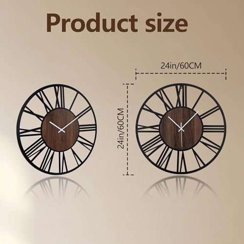 Large Lighted Wood Wall Clock Remote Control, Roman Numeral Modern Decorative Clock with Silent Movement, Battery Operated Clocks for Living Room Decor - size: 24inch-60cm