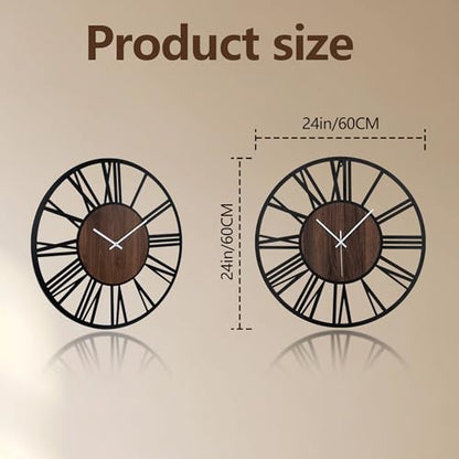 Large Lighted Wood Wall Clock Remote Control, Roman Numeral Modern Decorative Clock with Silent Movement, Battery Operated Clocks for Living Room Decor - size: 24inch-60cm