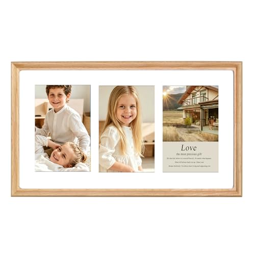 4x6 Collage Picture Frame,Solid Wood with Real Glass, Multi Picture Frame for Three 4x6 Photos or One 8x14 Print,Handcrafted Rounded Corner,Horizontal or Vertical Wall Mounting-Oak - color: Oak, size: 8×14