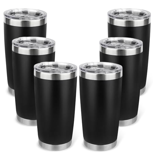 20oz Stainless Steel Tumbler Bulk with Lid, Travel Mug - Double Wall Vacuum Powder Coated Cup - Black, 6 Pack - color: Black, size: 6 Pack