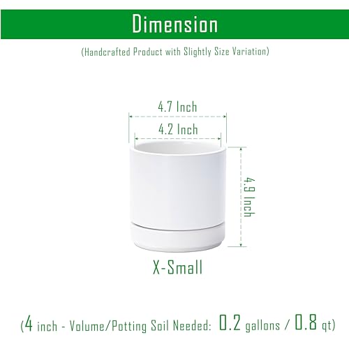 D'vine Dev 4-Pack Ceramic Pots with Saucers, White, 4.7 in, 94-X-B-1 | Glazed Ceramic, Drainage Hole and Saucer, Sleek Cylinder Shape, High Temperature Fired, Ideal for Small Houseplants - color: White, size: 4.7 Inch