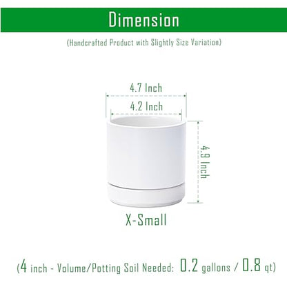 D'vine Dev 4-Pack Ceramic Pots with Saucers, White, 4.7 in, 94-X-B-1 | Glazed Ceramic, Drainage Hole and Saucer, Sleek Cylinder Shape, High Temperature Fired, Ideal for Small Houseplants - color: White, size: 4.7 Inch