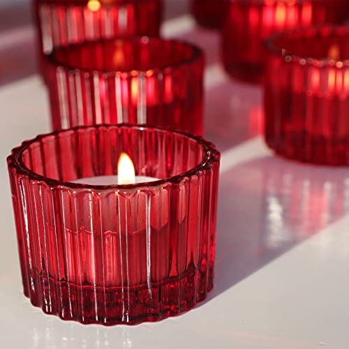 VOHO Red Candle Holders for Table Centerpiece, Set of 12 Tea Light Holder | Glass Ribbed Tealight Candle Holder for Tealight Candles, Small Votive Candle Holders for Her Valentine Christmas(2x1.4 Inch) - color: Red