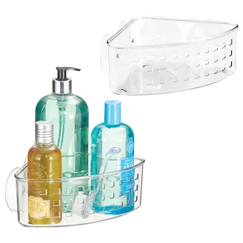 iDesign Plastic Suction Cup Corner Shower Basket, Set of 2, Clear | Bathroom Storage, Made in USA - style: Pack of 2