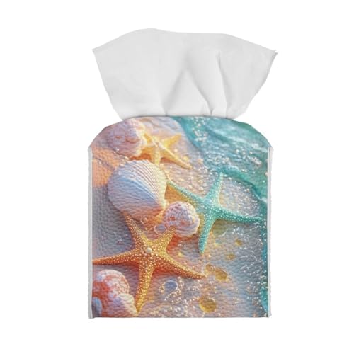 Beach Starfish Tissue Box Holder Square Tissue Box Cover Decorative PU Leather Napkin Organizer Dispenser for Night Stands Bathroom Home Decor Facial Paper Holders - color: Beach Starfish Seashell