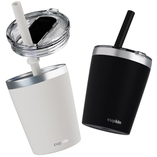 CUPKIN Trainer Sippy Cup, The Original 8 oz Stackable Stainless Steel Modern Tumblers, Set of 2 Powder Coated Insulated Cups for Kids + BPA Free Lids + Reusable Silicone Straws (8oz Black + White) - color: Black/White, size: 8 Fl Oz (Pack of 2)
