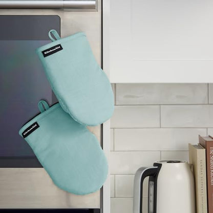 KITCHENAID Gourmet Series Gridlines Mini Oven Mitts 2-Pack Set, Heat Resistant up to 600°F, Soft Silicone Grip, Magnetic Cuff, Mineral Water Aqua, 5.5"x9" - color: Mineral Water Aqua