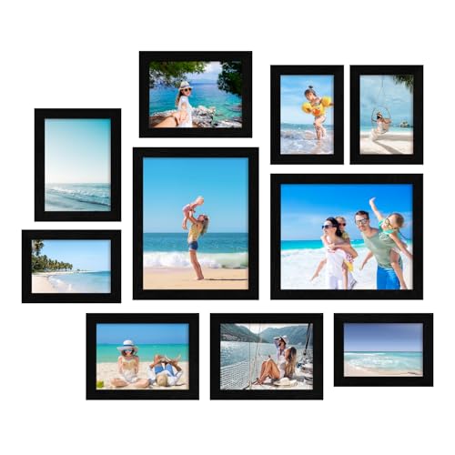 iRahmen Collage Picture Frames Set of 10, Wall Decor for Mounting or Tabletop Display, Family Photo Gallery Frame Set - Multi Sizes Including Two 8x10, Four 5x7, Four 4x6, HD Glass, Rustic Wood - color: Black
