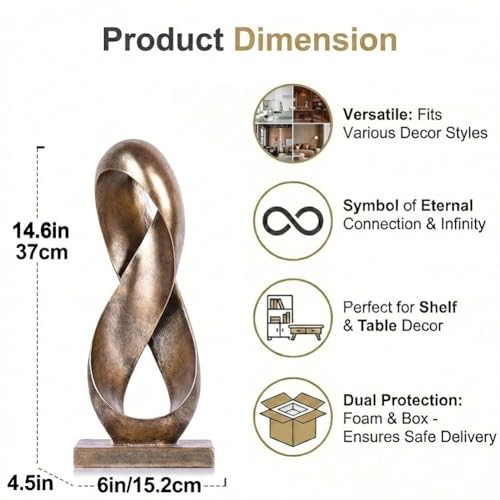 14.6" Tall Abstract Bronze-Finish Knot Sculpture, Modern Resin Infinity Loop Statue, Modern Tabletop Decor for Coffee Table, Bookshelf, Mantel, Entryway, Living Room Office Accent Centerpiece