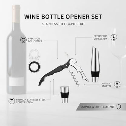 Home Bar & Dining Room Essential: 4-Piece Stainless Steel Wine Opener Kit with Corkscrew, Foil Cutter, Pourer, and Stopper