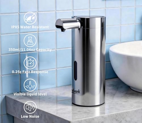 Touchless Automatic Soap Dispenser,11.84 oz Rechargeable Automatic Soap Dispenser, 3-Level Adjustable Liquid soap Dispenser, Suitable for bathrooms and Kitchens (Stainless)