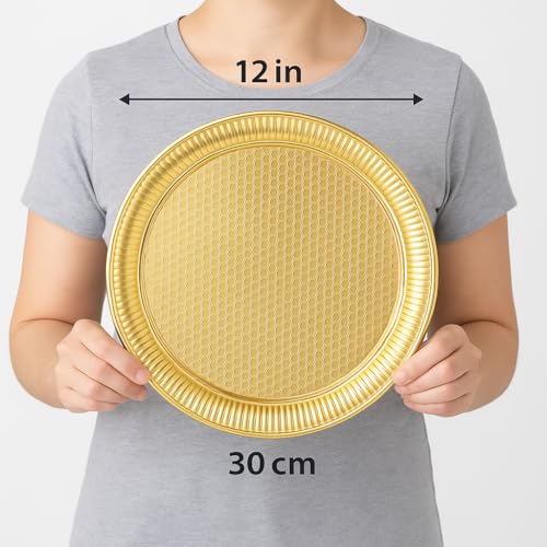 Alisveristime Round Hammered Metal Serving Tray – Ottoman Style, (11.8" Diameter, 12.6 oz) 5 Color Options (Gold) - color: Gold