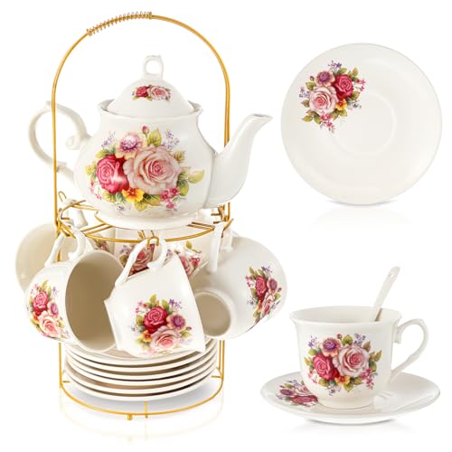 Zhehao 20 Pcs Porcelain Tea Set with Metal Holder and Spoon Adult Ceramic Tea Set European Flower Painting Teapot Cup Saucer Spoon for Women Mom Gift, Large Version (Modern Style) - color: Modern Style
