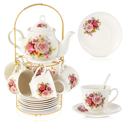 Zhehao 20 Pcs Porcelain Tea Set with Metal Holder and Spoon Adult Ceramic Tea Set European Flower Painting Teapot Cup Saucer Spoon for Women Mom Gift, Large Version (Modern Style) - color: Modern Style
