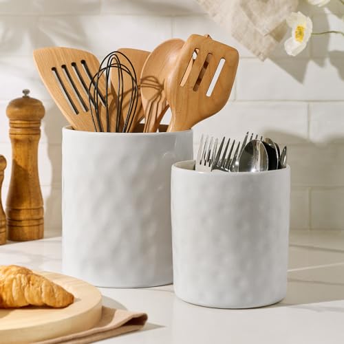 famiware Ceramic Utensil Holder, 7.2"+5.8", Set of 2, Matte White | Cooking Utensil Crocks, Organizer for Spatula & Spoon, Kitchen Decor, Countertop Storage, Stable and Non-Slip, Reactive Glaze - color: Matte White