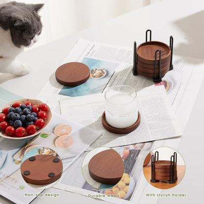 Set of 6 Wooden Coasters with Holder-Coffee Table Coasters for Drink | Wood Coaster Set for Modern Home Decor, Home Dining Table Decor Cute Beer Bar Coasters Decorative Rustic Outdoor Coasters