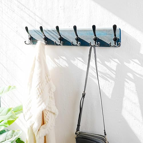 Coat Rack Wall Mounted - 24" Long 6 Tri Hooks, Heavy Duty Wooden Wall Coat Hanger Coat Hook for Clothes Hat Jacket Clothing, Weathered Blue and Black - color: Weathered Blue & Black, size: L=24"