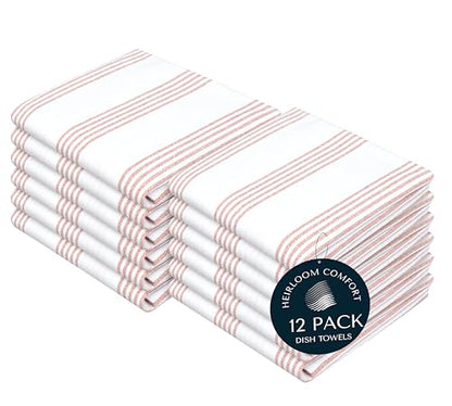 Rust Stripe Dish Towels, 12 Pack, 100% Cotton, Super Absorbent and Quick Dry, Multi Pin Striped Kitchen Towel Set, Durable Wash Cloths for Kitchen Use, Cleaning & Drying Dishes - color: Rust, style: 12 Pack