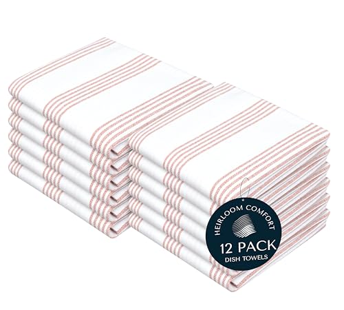 Rust Stripe Dish Towels, 12 Pack, 100% Cotton, Super Absorbent and Quick Dry, Multi Pin Striped Kitchen Towel Set, Durable Wash Cloths for Kitchen Use, Cleaning & Drying Dishes - color: Rust, style: 12 Pack