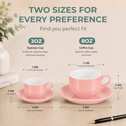 3 Ounce Espresso Cups Set of 4, Pink | Stackable Demitasse Mugs, Includes Display Stand, Cups Saucers, and Spoons, for Machines & Home Use - color: Pink