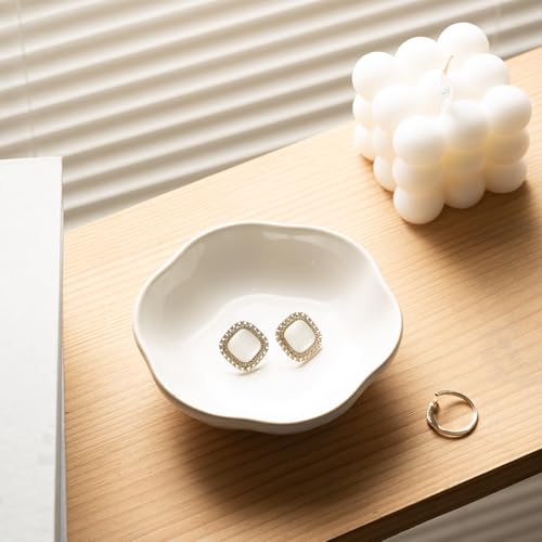 BEUNAIZER Ceramic Ring Dish, 4.3 in Flower Jewelry Tray with Raised Sides | Keeps rings, earrings, keys and hair accessories visible on a vanity, nightstand or bathroom counter. - color: white