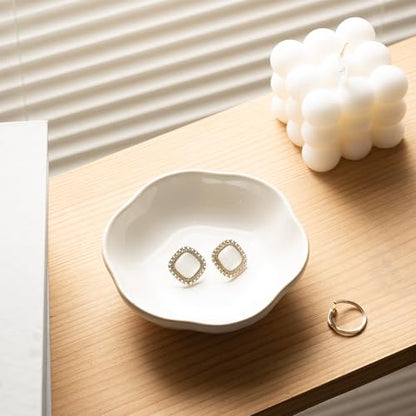 BEUNAIZER Ceramic Ring Dish, 4.3 in Flower Jewelry Tray with Raised Sides | Keeps rings, earrings, keys and hair accessories visible on a vanity, nightstand or bathroom counter. - color: white