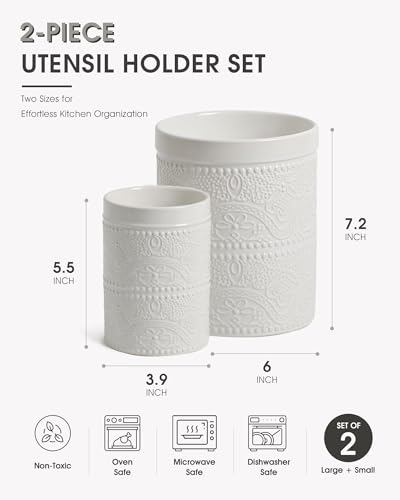 Kitchen Utensil Holder, 7.2+5.5" Super Large Utensil Crock Heavy and Stable Lace Emboss Ceramic Utensil Holder for Kitchen Counter(2Pcs Bright White) - color: 2Pcs Bright White
