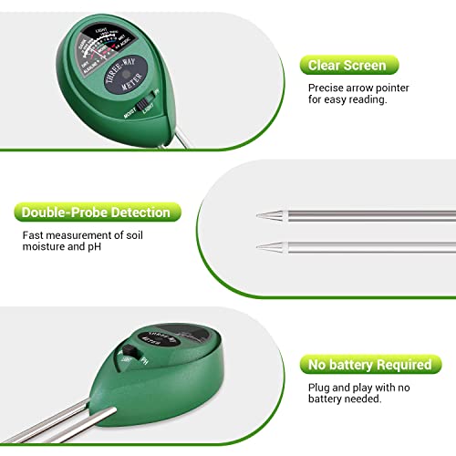 Dr.meter Plant Moisture Meter 3 in 1 Soil Moisture Light pH Tester | Soil Probe Test Kits for Indoor Outdoor Plant Care, Hydrometer for Plants, No Battery Needed