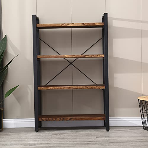 Solid Wood Bookshelf,4 Tier Rustic Vintage Industrial Etagere Bookcase, Open Metal and Wood Vintage Book Shelf, Retro Brown (RealWood)(4-Tier) - size: 4-Tiers-RealWood